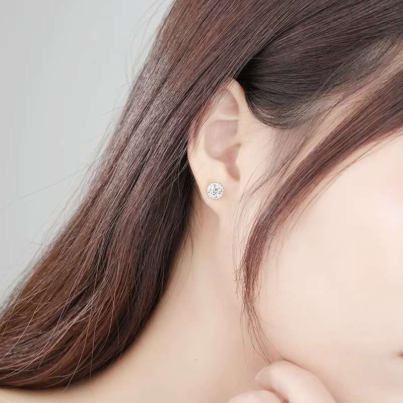 Fine Jewelry 1Ct Round Cut Diamond White Gold Plated Women Geometry S925 Sterling Silver VVs1 Moissanite Stud Earrings