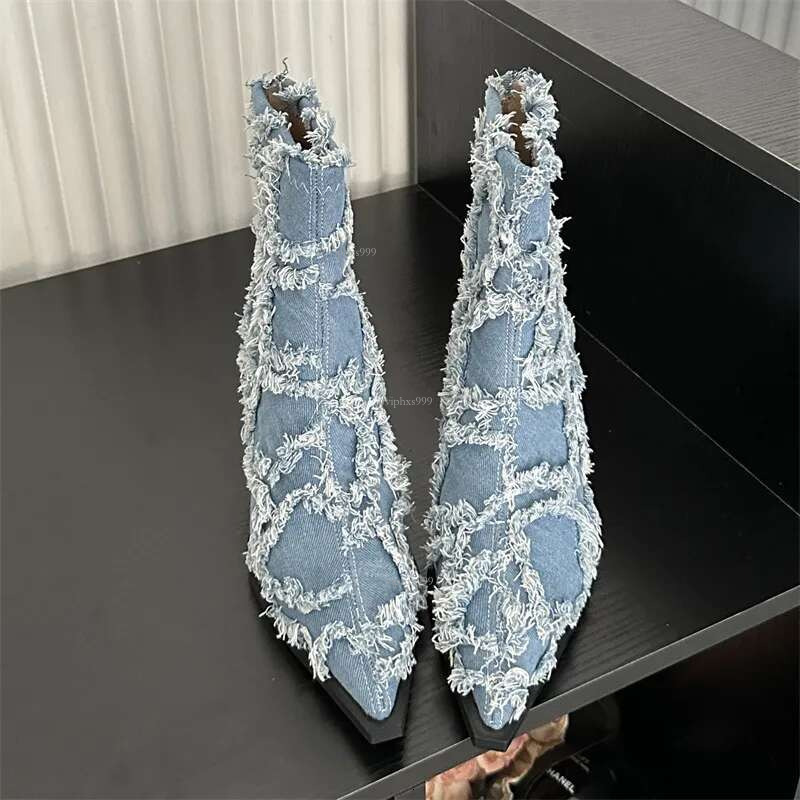 New Free Shipping Designer Shoes Spicy Girl Temperament Pointed Denim Tassel Fashion Thin Heel Martin 2025 Autumn/winter Embroidered Knight Boots