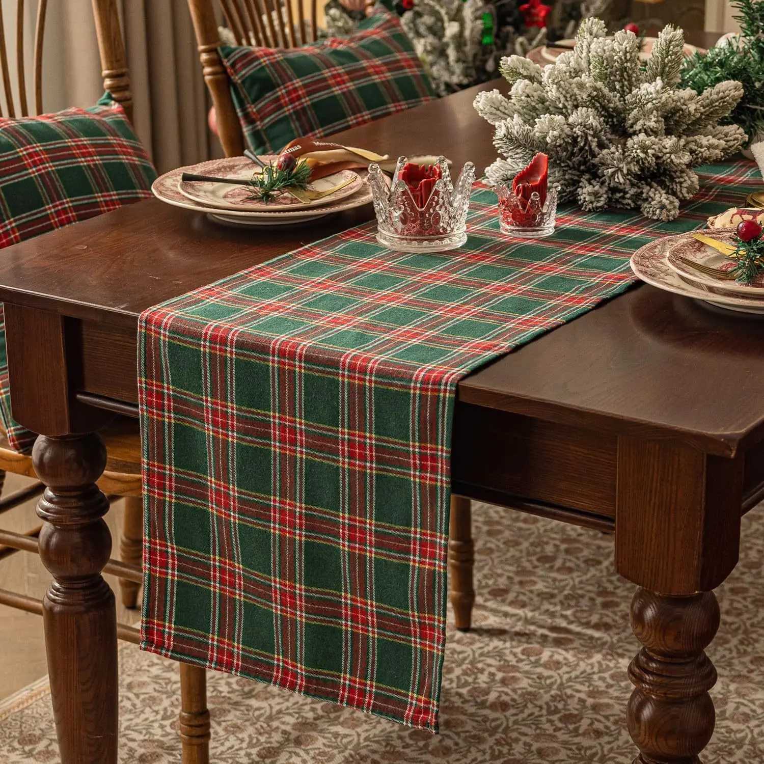 Christmas Green Plaid Christmas Table Runner decorative American retro fleece long table cloth/table mat for dining table Y251113