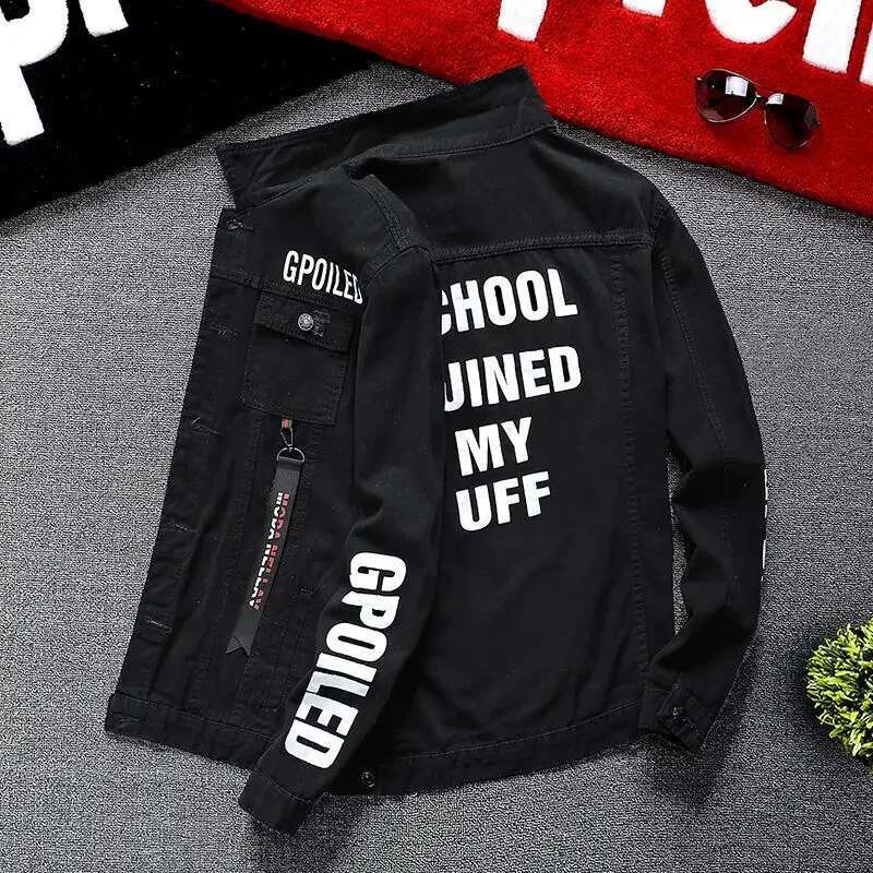 Male Jean Coats Button Punk Men's Denim Jacket Red Slim Fit With Print Worn Large Size Trendy Korean Style Designer Cowboy G L