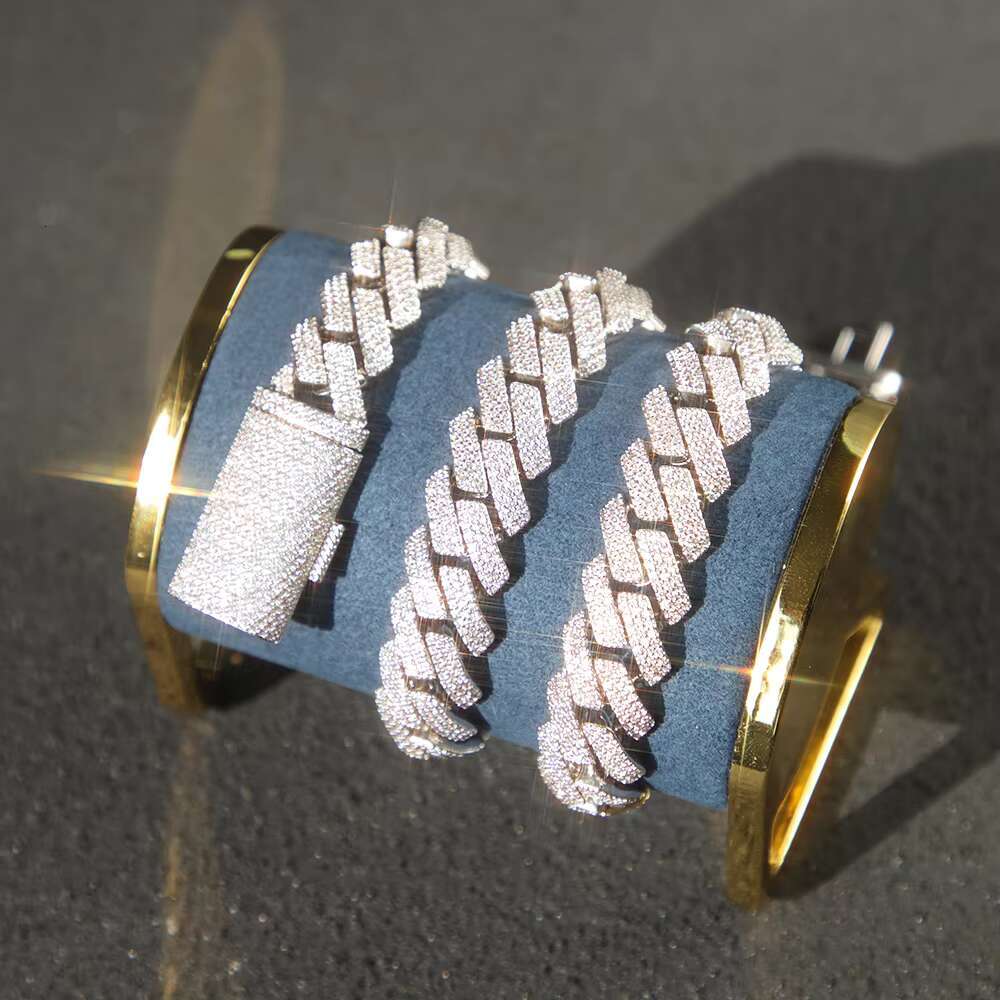 15mm 20mm Wide 3 Rows Hip Hop Cuban Link Chain GRA Moissanite 925 Sterling Silver Gold Plate Fine Jewelry Necklaces Bracelets