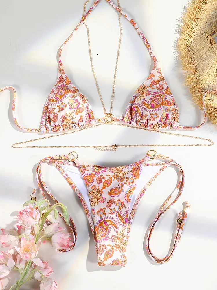 Sexy Triangle Micro Bikini Sets Thongs Chains Swimsuit Women Bathing Suit Biquini Bandage Beachwear Print Swimwear Thong BikiniW251113
