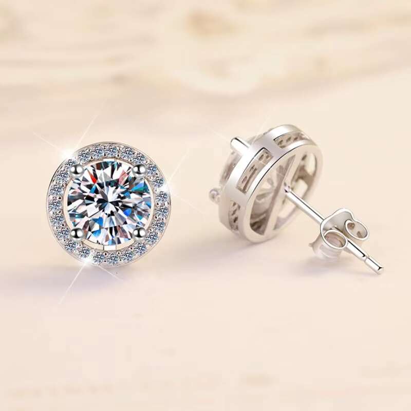 Fine Jewelry 1Ct Round Cut Diamond White Gold Plated Women Geometry S925 Sterling Silver VVs1 Moissanite Stud Earrings