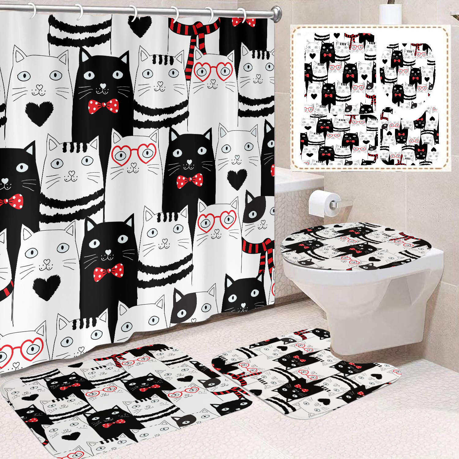 YL-37697 Black and White Cat Shower Curtain Waterproof and Mildew-proof Digital Print Shower Curtain Four-Piece Set
