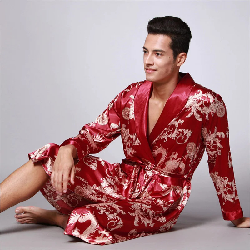 Men Summer Autumn Kimono Bath Robe Silk Satin Golden Dragon Long Bathrobe Dressing Gown Knee Length Black Sleepwear 250409