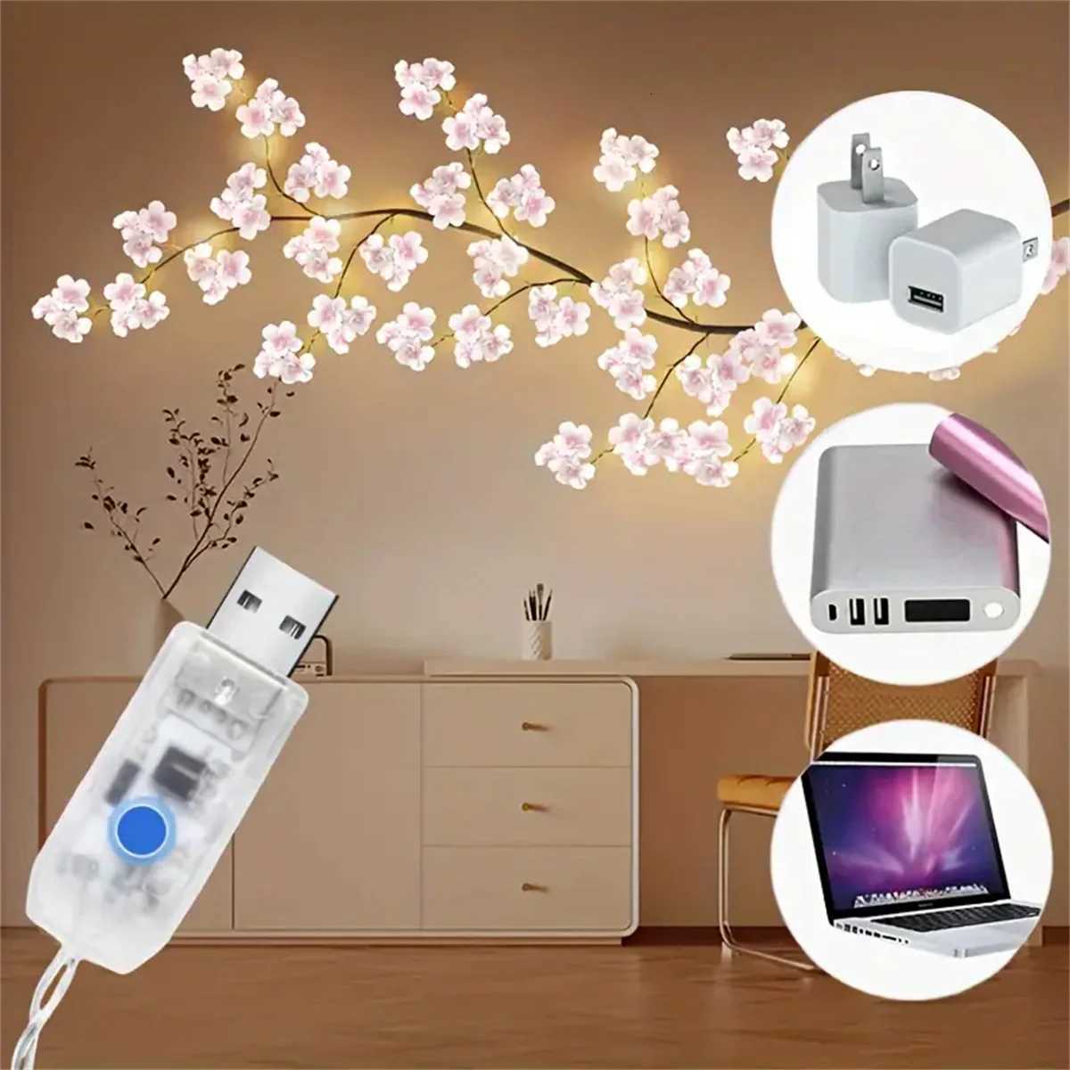 USB Powered Cherry Blossom Branch Lights 8 Modes 96LEDs String Lights for Living Room Bedroom Wedding Christmas Holiday Decor W251112