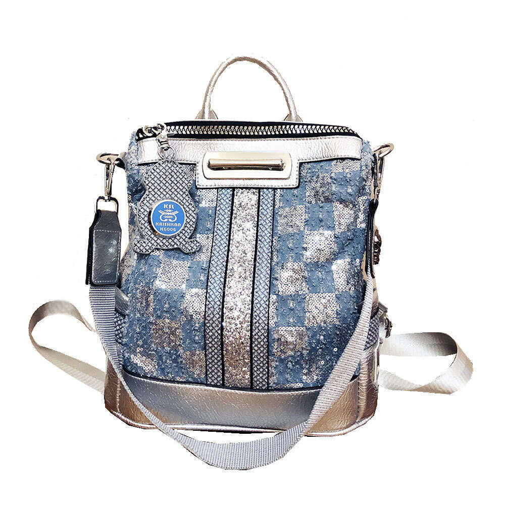 Backpack Shoulder for Women New Korean Fashion Denim Sparkling Backpack Embroidered Splicing Checkered Women's Bag