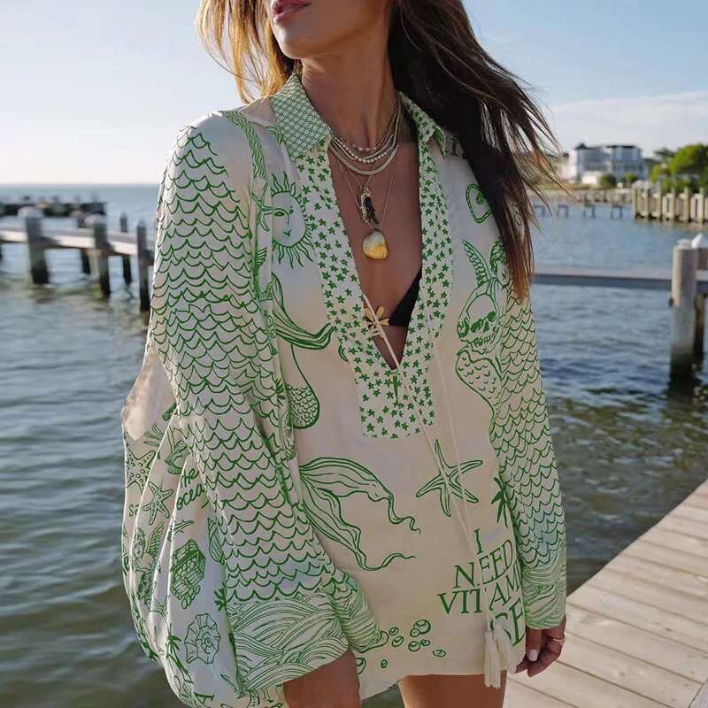 Women Group Of Pants Set Lady Pattern Print V-Neck Long Sleeve Shirts&Shorts Vacation Outfits Summer Satin 2Pcs Temperament Suit