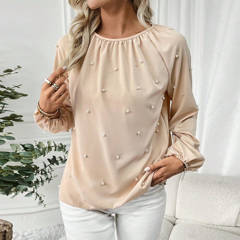 Womens clothing 2025 spring new elegant style shirt long sleeved nail bead shirt pullover top