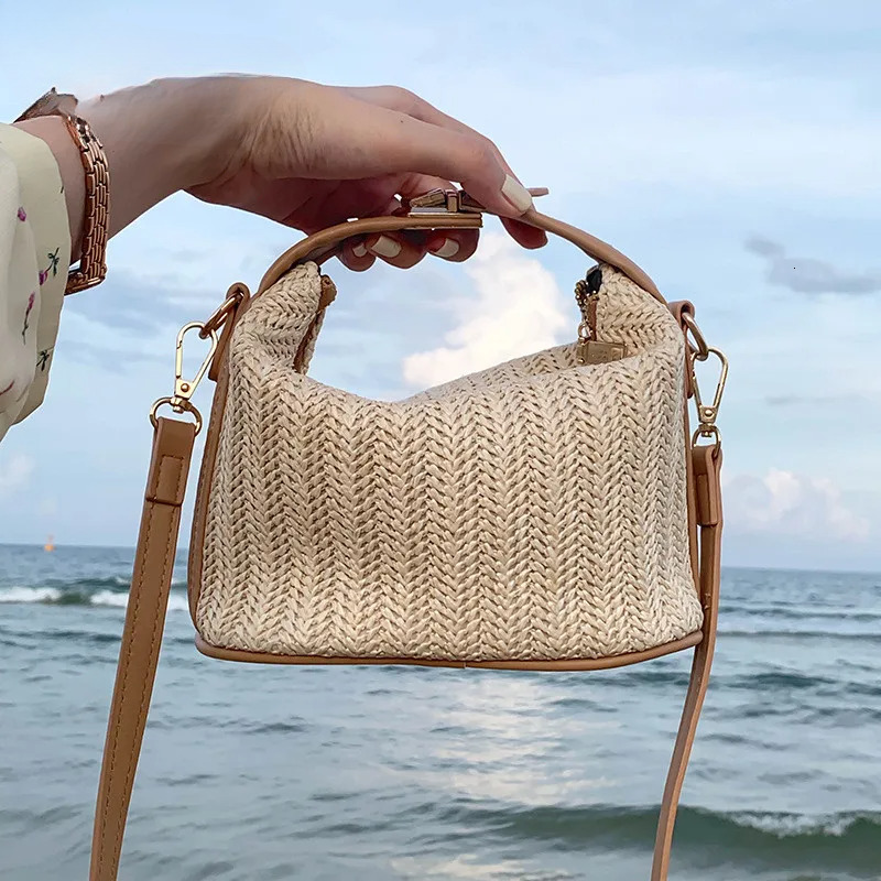 Ydlns Summer Small Straw Handbag Trendy Shoulder Woven Bucket Crossbody Casual Seaside Beach Bag Gilrs Handle Tote