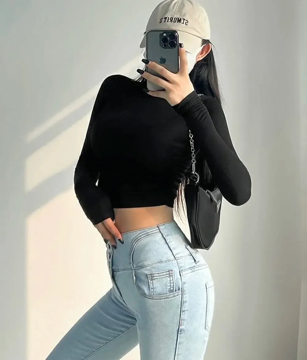 Womens long sleeved turtle neck Tshirt ribbed tight knit sexy slim fit casual womens basic crop top cut 250407