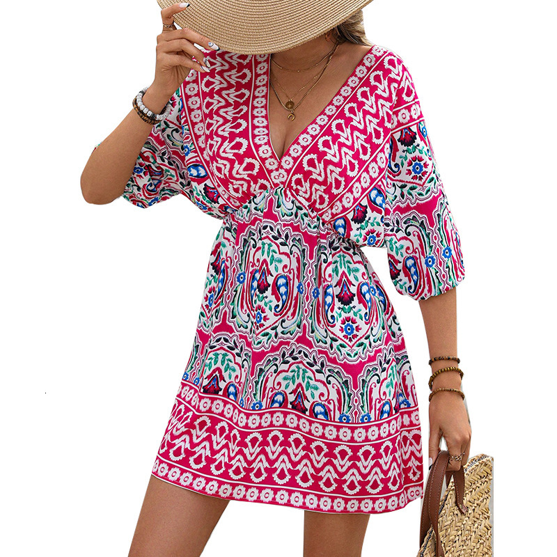 Womens Bohemian Style Dress 2025 Summer Vacation Style Half Sleeve Beach Dress