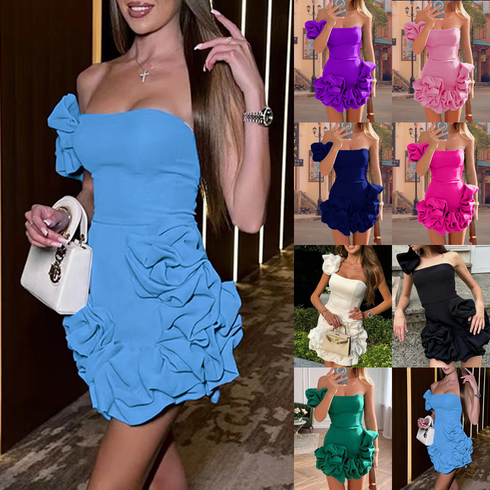 25 Summer New Womens Dress with Ruffled Edges and Flower Buds Waist Cinched Dress One Shoulder Strapless and Hip Hugging Skirt