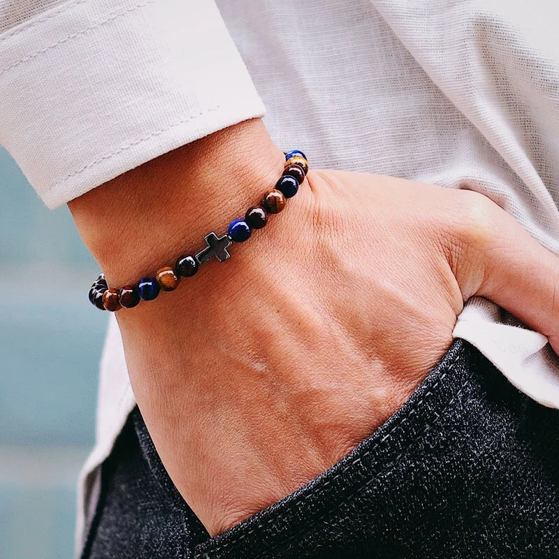Minimalist Mens Cross Bracelet 6mm Natural Tiger Eyes Stone Braclet Gift For Him Camping Accessories Bileklik Erkek Pulseira251112 - view 4