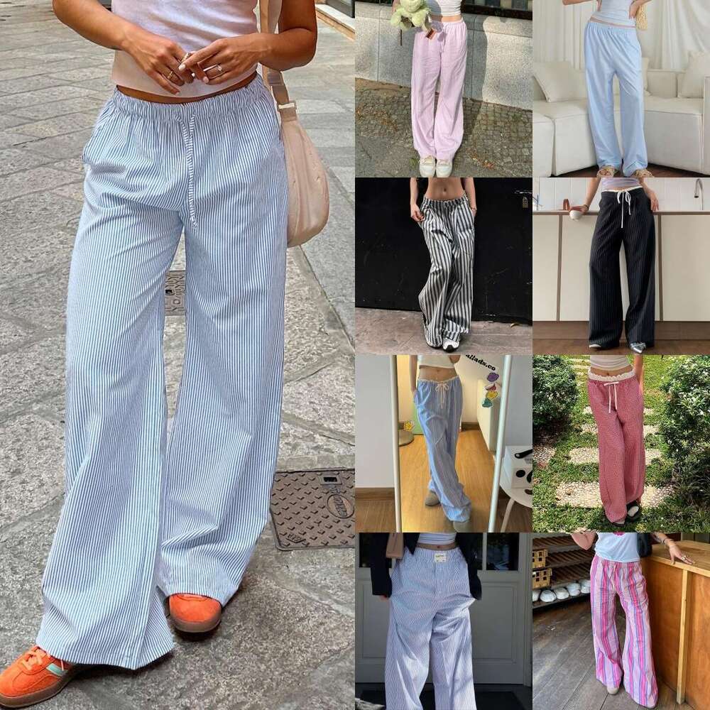 Women's striped patchwork contrasting high waisted drawstring loose straight woven fashionable casual comfortable pants