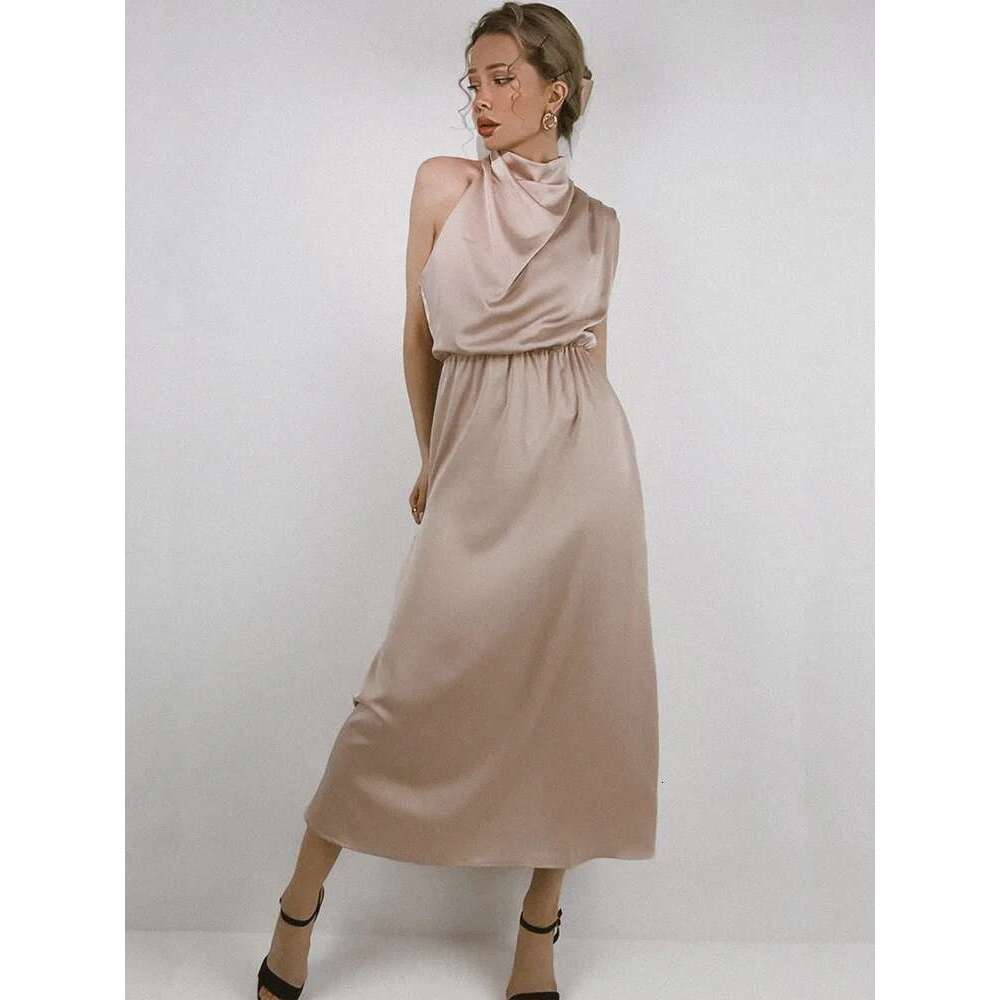 Summer High-End Silk Satin Sleeveless Long Women Fashion Elegant Celebrity Dresses Evening Dress Party Clothes Ladies