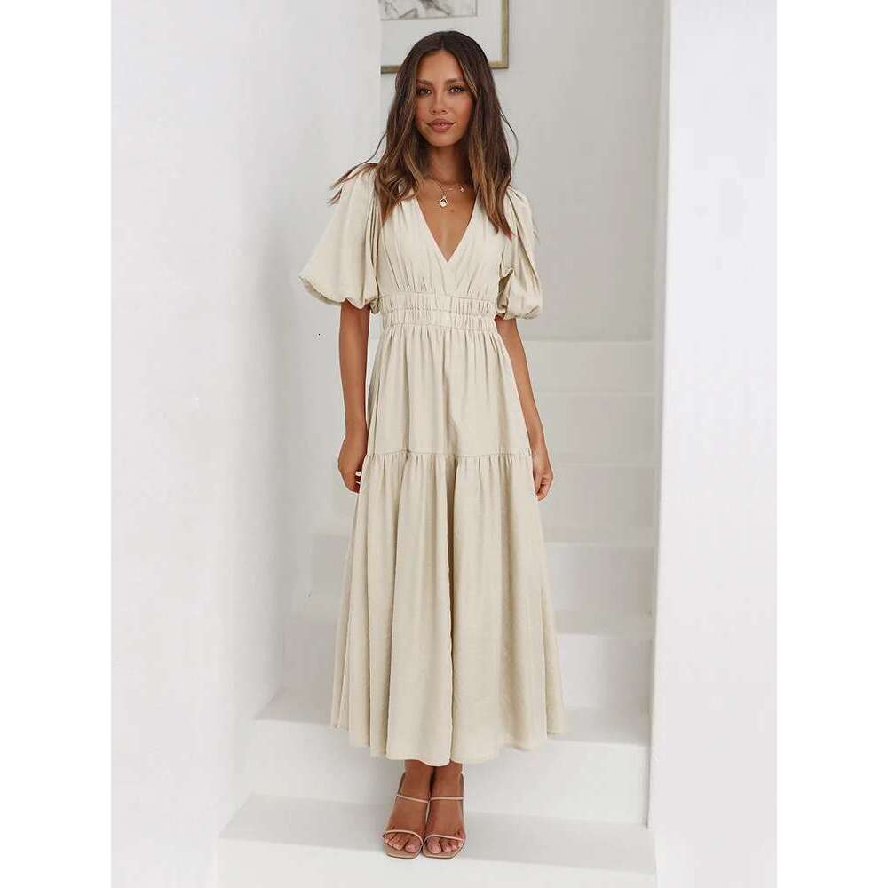 Fashion Ladies Summer Vintage Women Lantern Sleeve Ruffles Causal Dress V-Neck High Waist Sexy Party Midi Beach Dresses