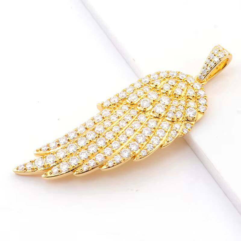 Custom 14k Yellow Gold Hip Hop Jewelry Feather Neck Pendant Round Brilliant Cut Moissanite Stone 925 Silver 10k 18k Gold Pendant