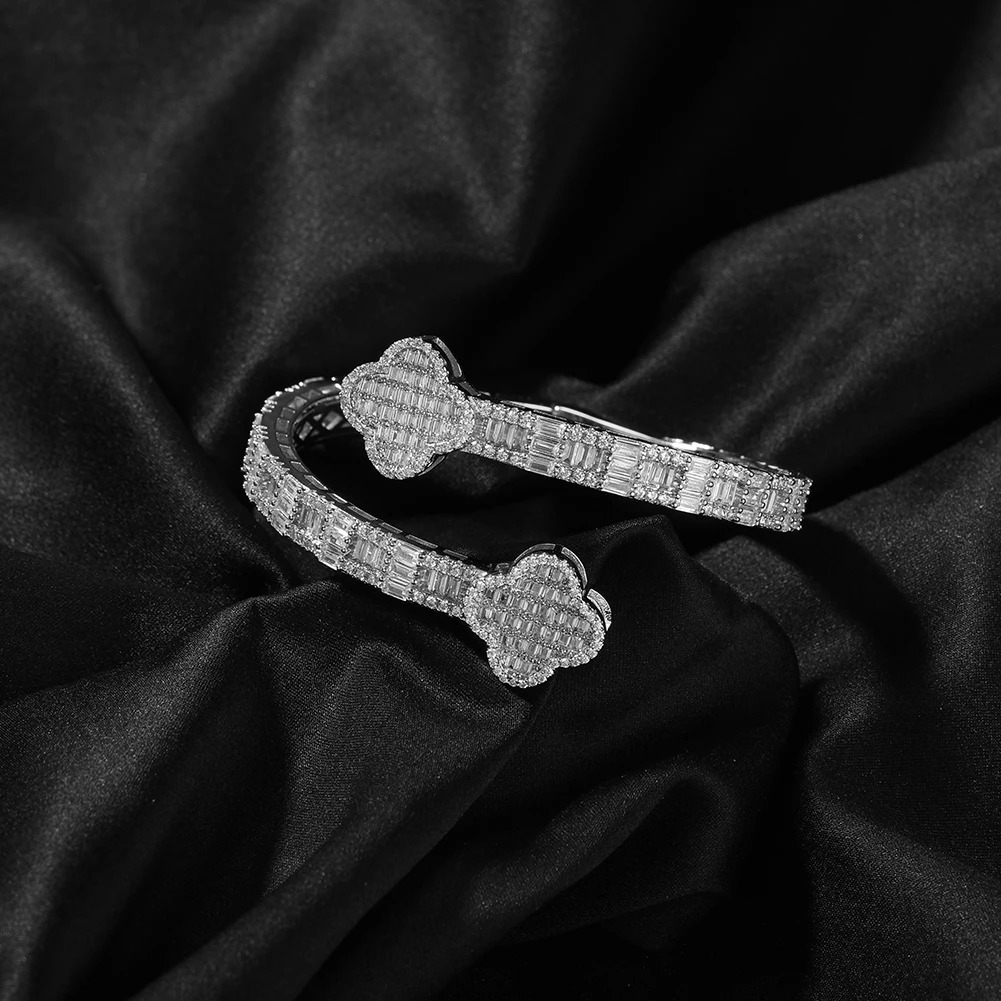 THE BLING KING Double Four Leaf Clover Cuff Bracelet For Women Prong Setting Baguette Cubic Zirconia Bangle Y2K Jewelry 251110