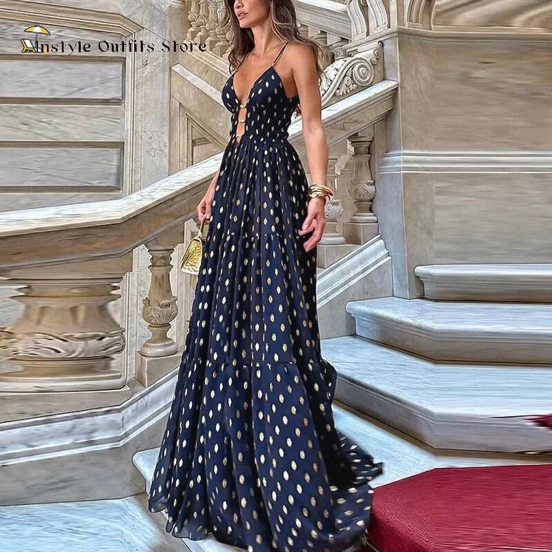 Elegant Dot Sg Dress Women V-Neck Hollow Out Backless Party Ankle-Length Dresses Female Summer Casual Holiday Robes Lady