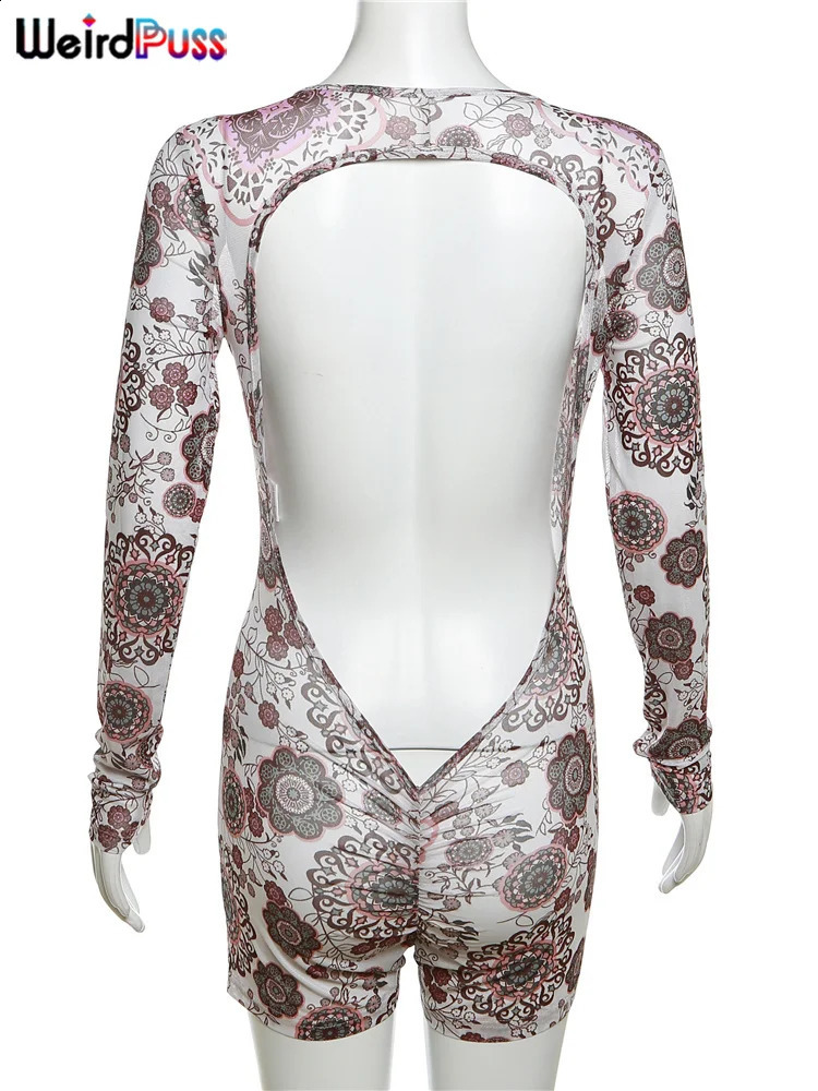 Strange cat backless peach button Playsuit womens floral print autumn trend full sleeve Oneck streetwear sports exercise jumpsuit 250411