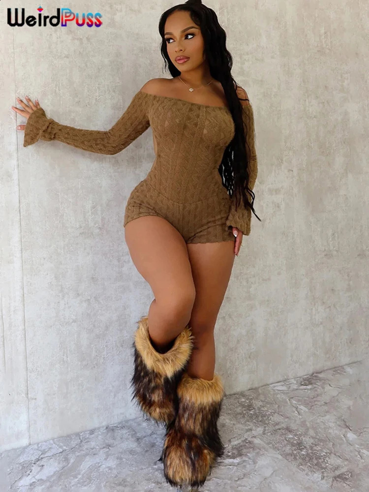 Strange cat knitted thin jumpsuit womens slanted neck backless autumn elegant full sleeved hippie Playsuit street exercise shorts 250411