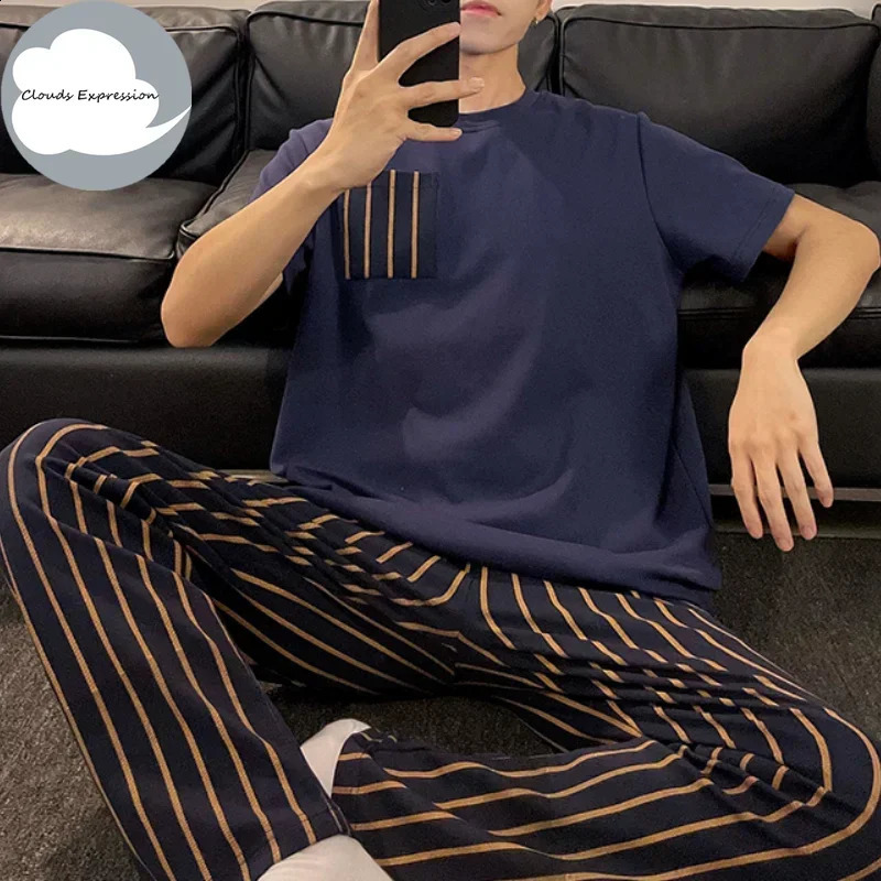 Summer Knitted Plaid Cool Mens Pyjamas Pajamas Casual Pjs Lounge Sets Masculine Sleepwear Nightwear Pijamas 3XL Homewear Fashion250403