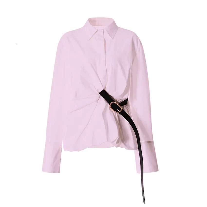 Spring New Women's Pleated Waisted Shirt With White Casual Design And Fashionable Waist Belt Mid Length Blouses Top