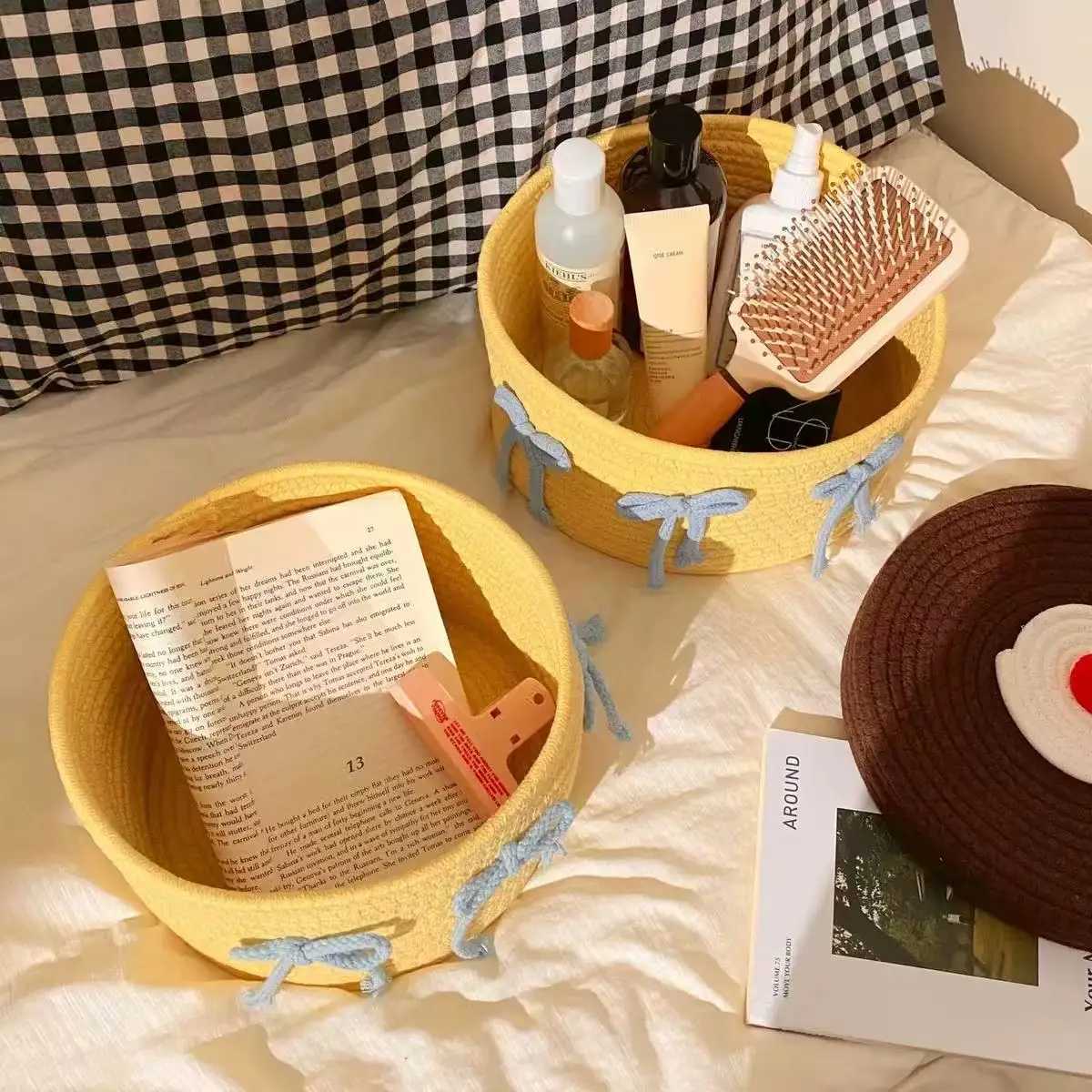 Cute Cotton Thread Weaving Storage Basket with Cover Dustproof Desktop Storage Basket Pendant Storage Box Childrens Toy Storage Y251112