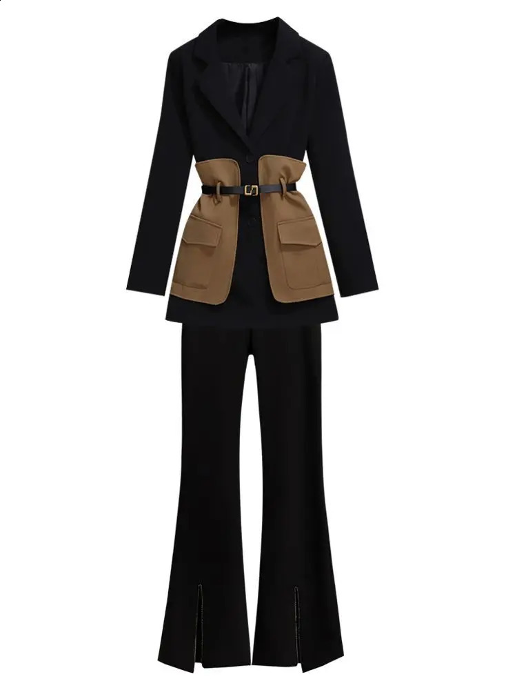 2025 Spring Belt Decorative Patchwork Jacket Blazer Casual Expansion Crying Two-piece Elegant Women Pants Suit Office Outfits 250410