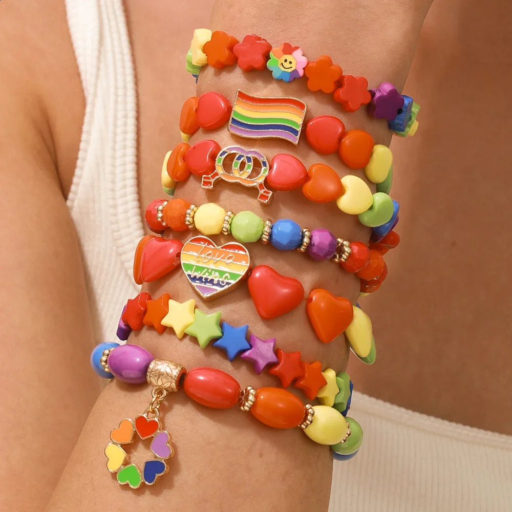 7Pc/s Simple Creative Love Five Star Rainbow Flag Color Simple Fashion Wind Elastic Bead Bracelet Set 250409