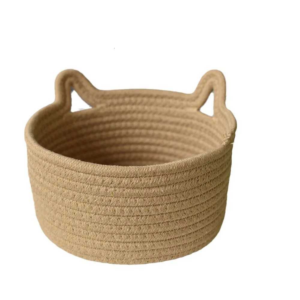Cat Ear Storage Basket Handwoven Cotton Rope Round Bin Cute He Organization for Bedro Natural Style Y251112
