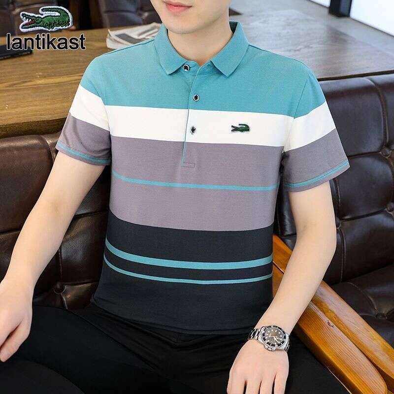 Noble Crocodile 2025 New Summer Short Turn-Down Collar Polo Shirt Men's Trendy designer handbag Striped Half Sleeve T-Shirt Pure Cotton