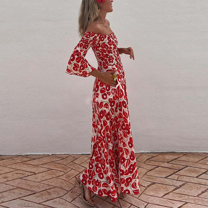 Dress 2025 Spring/Summer New Vacation Style Off Shoulder Trumpet Sleeve Floral Long Dress for Women