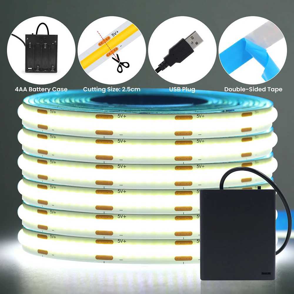 3mm 5mm 8mm PCB COB Led Strip Light with Switch USB Battery Power 5V DC White Red Yellow 320LEDs/m Flexible Adhesive Tape Lamp W251112