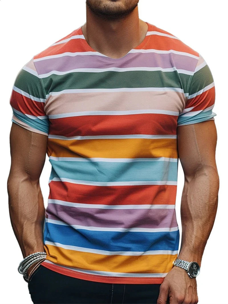 Retro striped 3D printed Tshirt summer casual short sleeved simple and fashionable Oneck mens trend street clothing oversized 250407