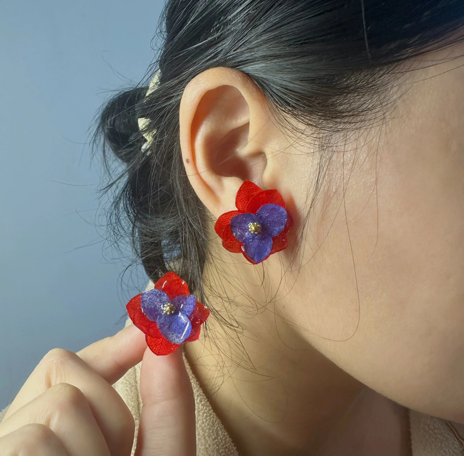 GXGlint 925 Silver Red Flower Pressed Earrings Natural Flower Embroidered Stud Earrings Epoxy Resin Dried Flowers Daily Jewelry 250409
