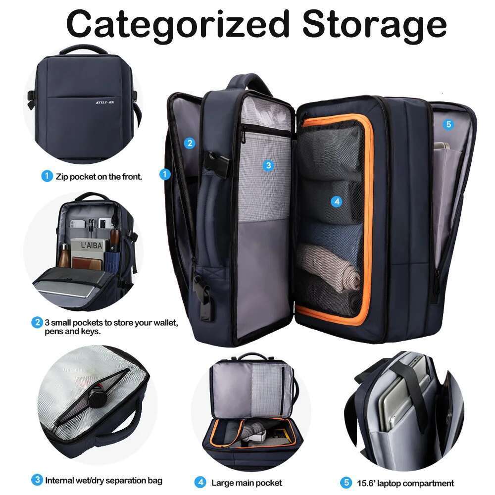 Hcankcan Expandable Men Large Capacity Travel Backpack With USB Waterproof Business 15.6''Laptop Casual Lage Bag