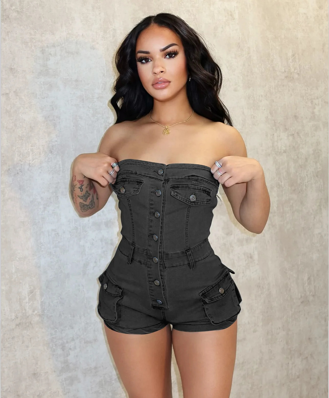 Womens casual sleeveless elastic denim jumpsuit womens fashionable onepiece set sexy shorts 250411