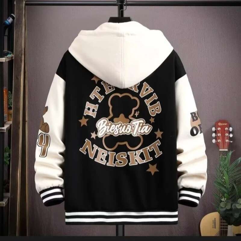 Baseball Jersey for Autumn Winter Black Blue Hooded Jacket Quality Cotton Hoodie Haruku High Street Men's Clothing