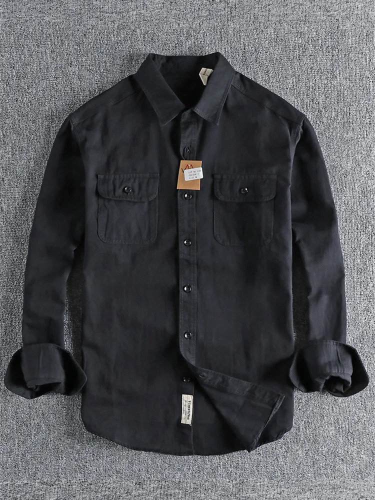 Autumn American Retro Twill Knitted Goods Shirt Mens Fashion Pure Cotton Washed Old Long Sleeve Double Pocket Casual Top 250411