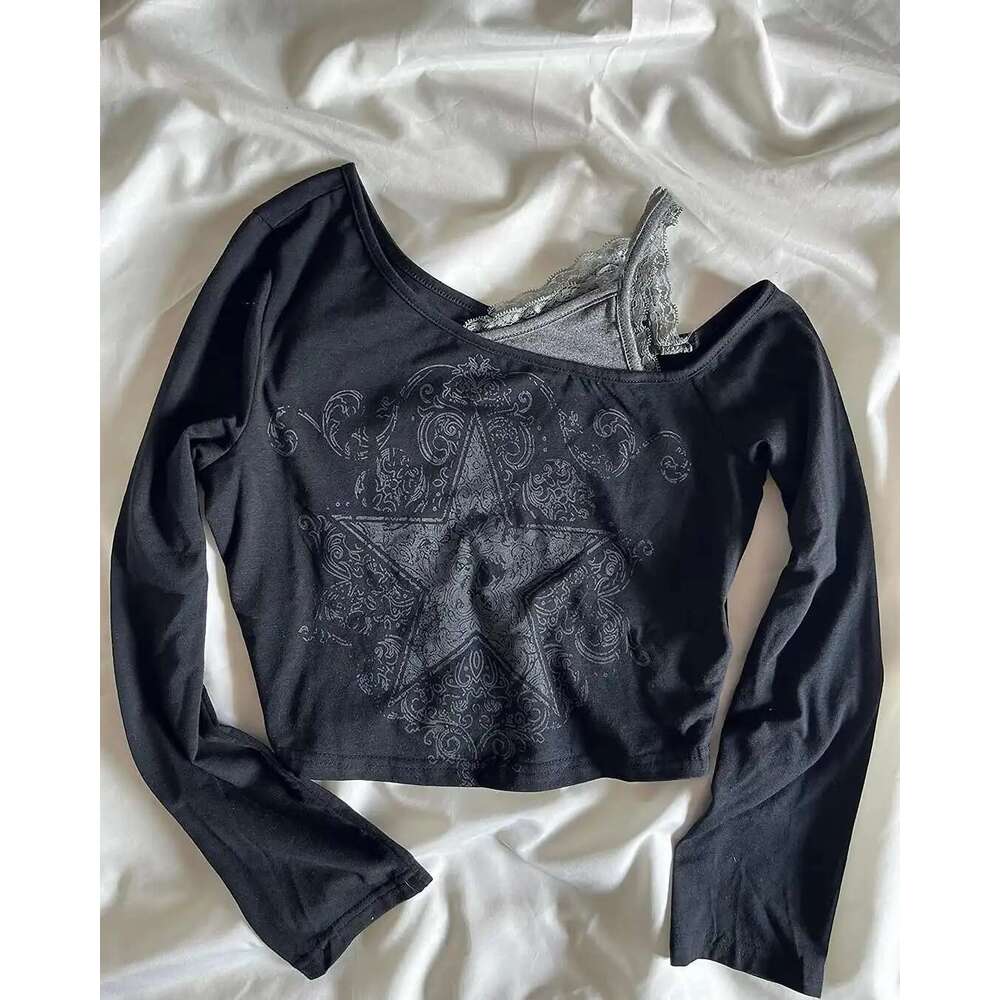 Women's Wear Black Y2k Oversized Star Pattern Print Crop Tops Gothic Haruku Long Sleeved Sexy Lace Shoulder Strap Tank Top Suspenders