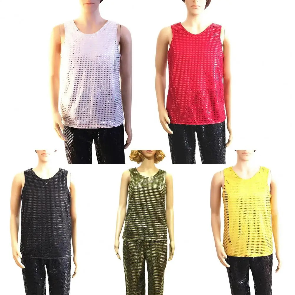 1Pc Cosy Dance Vest Sequin Patch Performance Clothing Shiny Elastic Tops Sleeveless Men Women Attractive Stage Dancing Camisole 250407