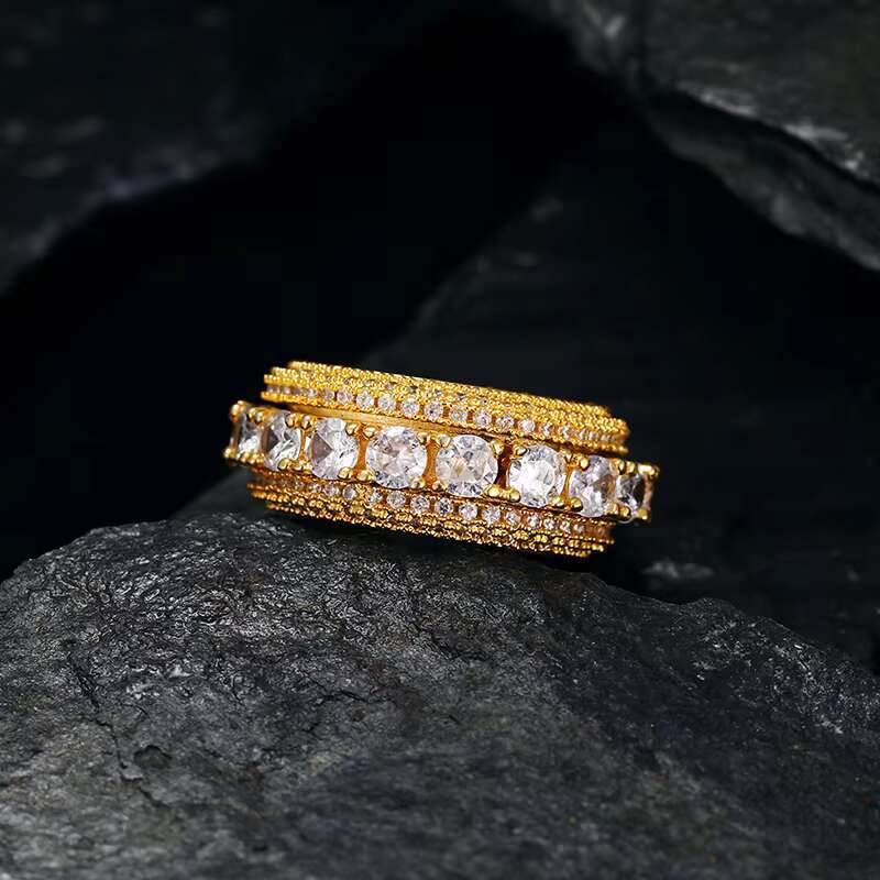 OEM ODM Service Rapper Jewelry Gold Plated Brass Rotatable CZ Gemstone Cluster Hip Hop Ring for Men