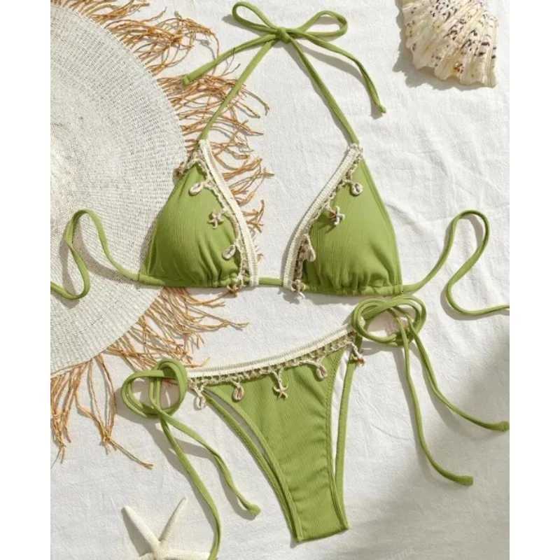 Shell Decoration Ribbed Bikini Women Swimwear Female Swimsuit Two-pieces Bikini Set Halter Strappy Bather Bathing Suit Swim LadyW251113