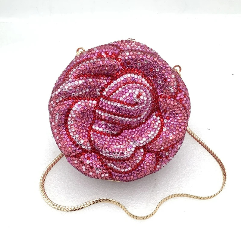 XIYUAN Women Pink Crystal Clutch Purse Rose Flower Handbag Party Wedding Evening Bag Bridal Purses Florals Minaudiere Bag 250409