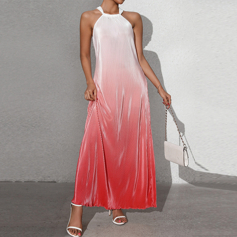 Fashionable and sexy backless hanging neck dress spring and summer gradient sleeveless suspender A-line long skirt pullover