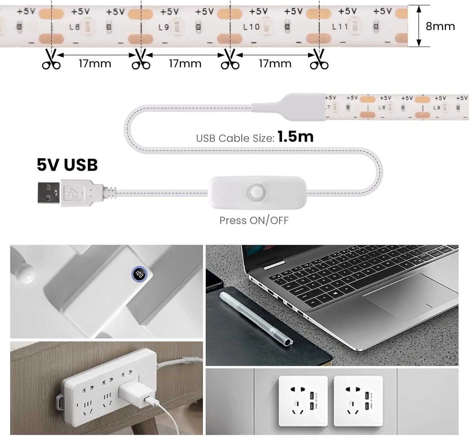 5V USB LED Strip With Switch SMD 2835 60LEDs/M Flexible Senson Light Tape Ribbon Backlight For Room Cabinet TV Lighting W251112