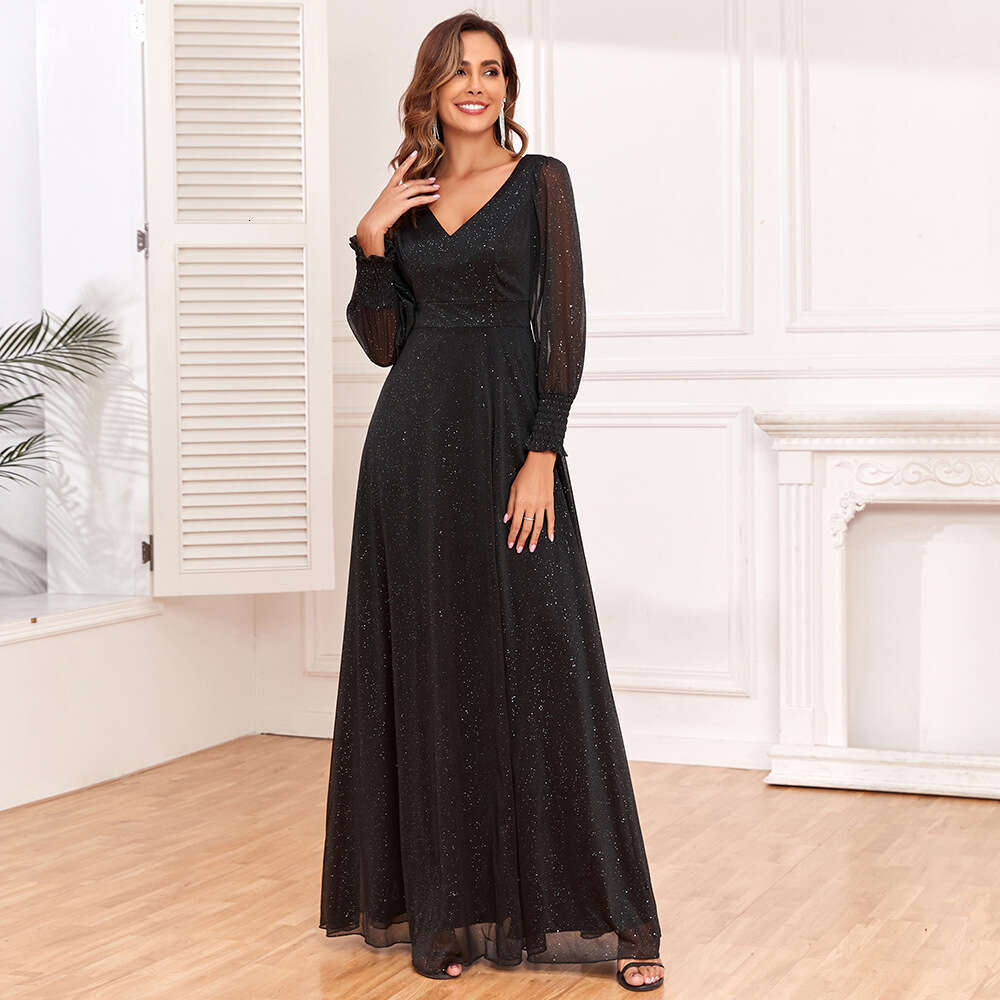 Designer New Perspective Sleeves Spliced Long V-Neck High Split Large A Swing Shining Full Lining Quality Evening Dress