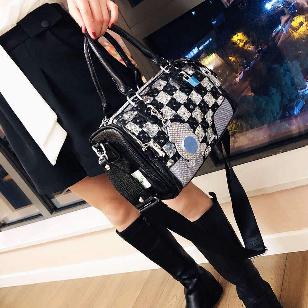 Backpack checkered denim handbag trendy new fashion sequin large capacity pillow bag for women